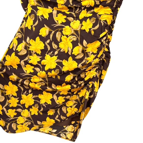 Floret Studios Floral Long Sleeve Ruched Square Neck Dress Yellow Brown XS NWOT - Picture 5 of 15